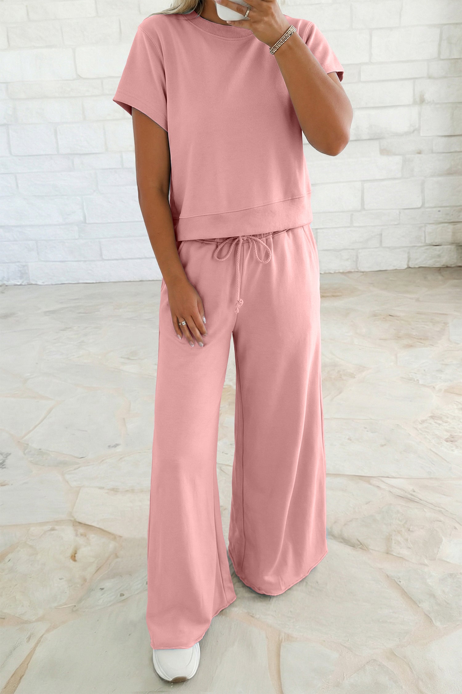 Parchment Solid Color Loose Tee Drawstring Wide Leg Pants 2pcs Outfit