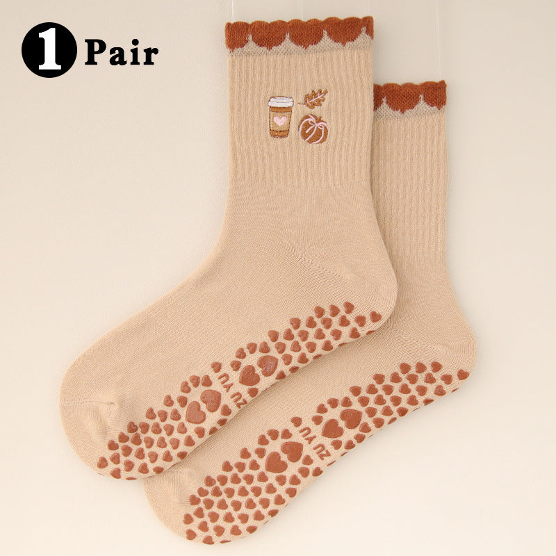 Cherry Embroidered Yoga Socks, Light Coffee product detail