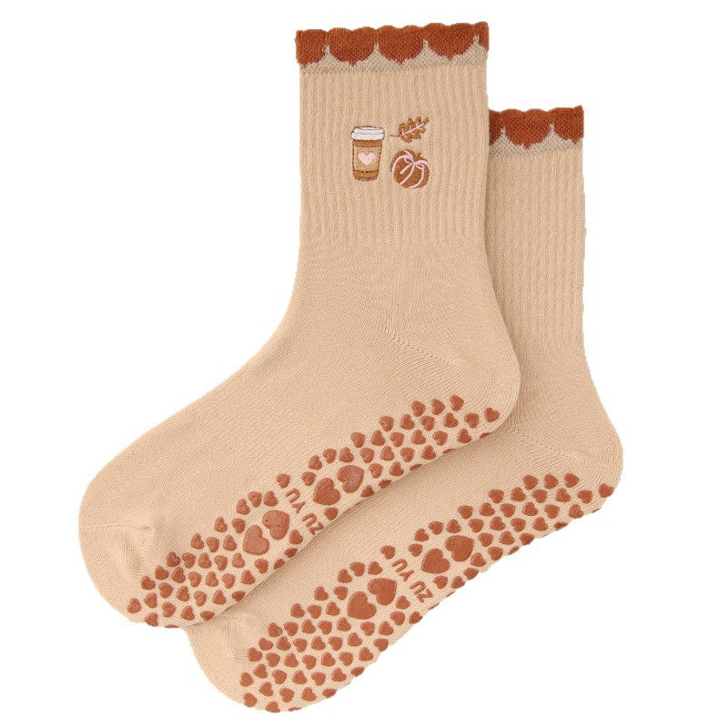 Cherry Embroidered Yoga Socks, Light Coffee product detail