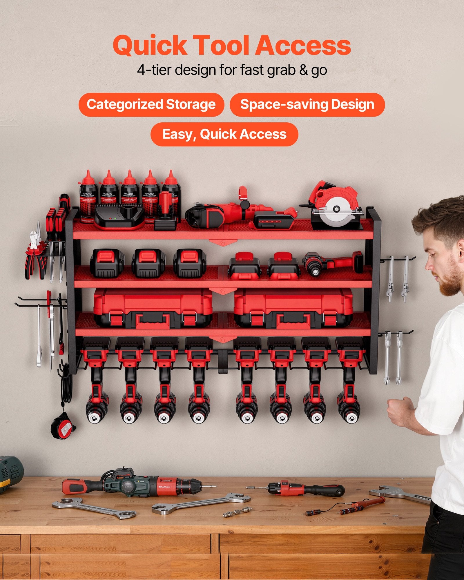 4-Layer Power Tool Organizer with 8 Drill Holders and Pegboards detail 2